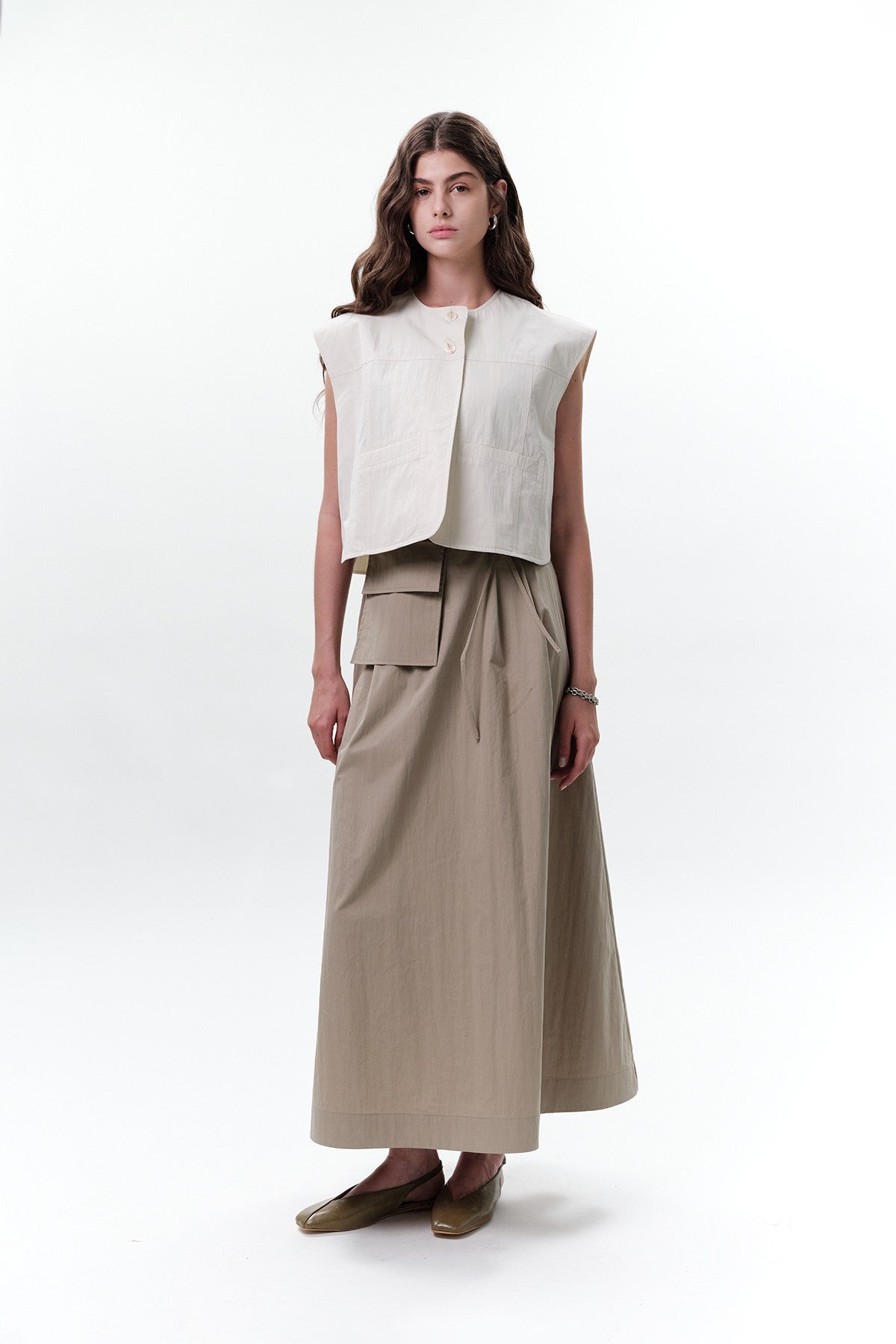 Skirt with Pocket Belt Beige Green