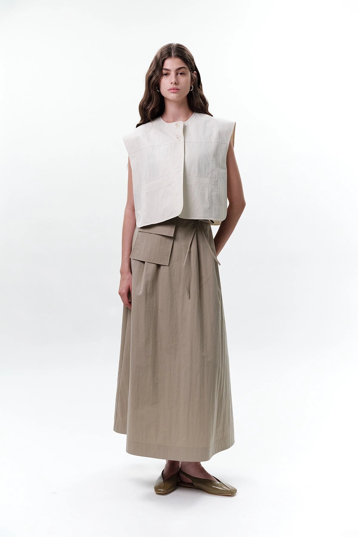 Skirt with Pocket Belt Beige Green
