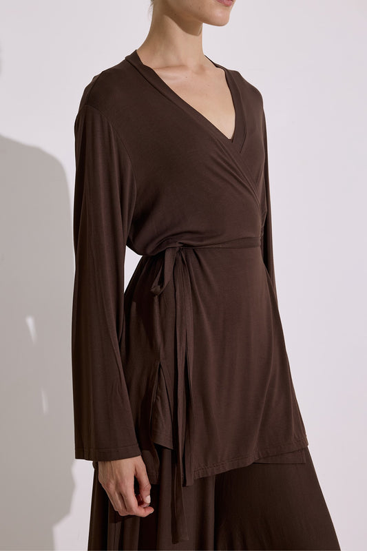 Tie-Waist Draped Kimono Brown