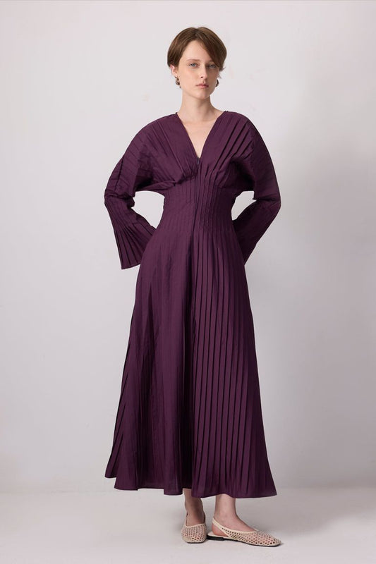 V-NECK PLEATED DRESS-Burgundy