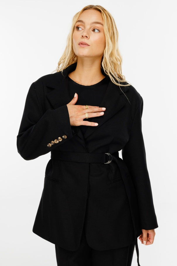 Premium Belted Blazer Black Jacket