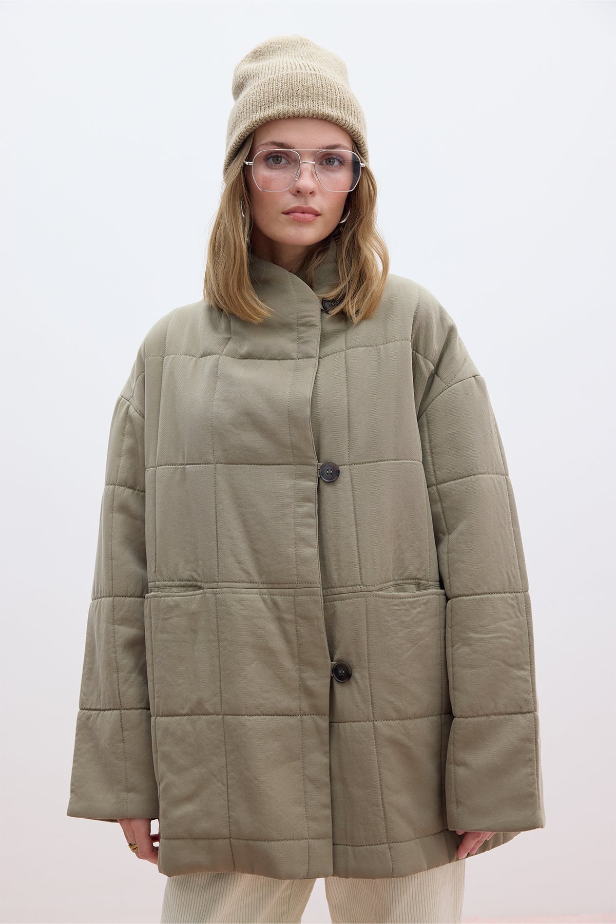 HIGH COLLAR QUILTED COAT GREEN