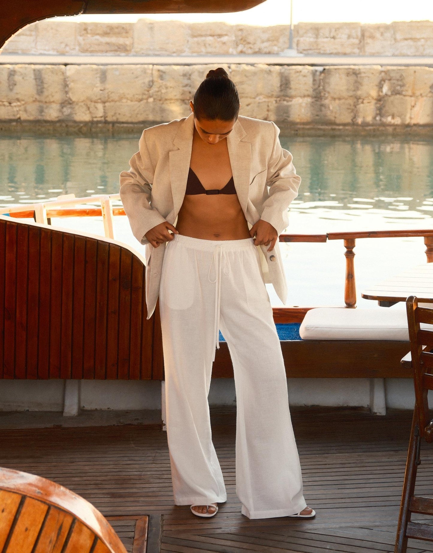 Linen Palazzo Trousers Ecru