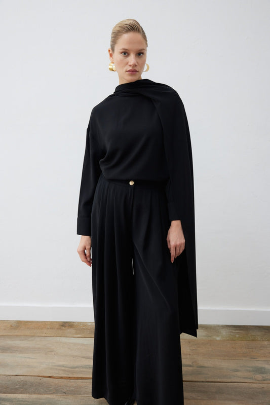EVA CREPE SHAWL BLOUSE - PALAZZO PANTS SET - BLACK