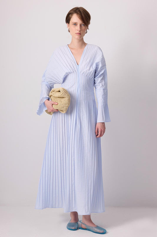 V-NECK PLEATED DRESS-Soft Blue