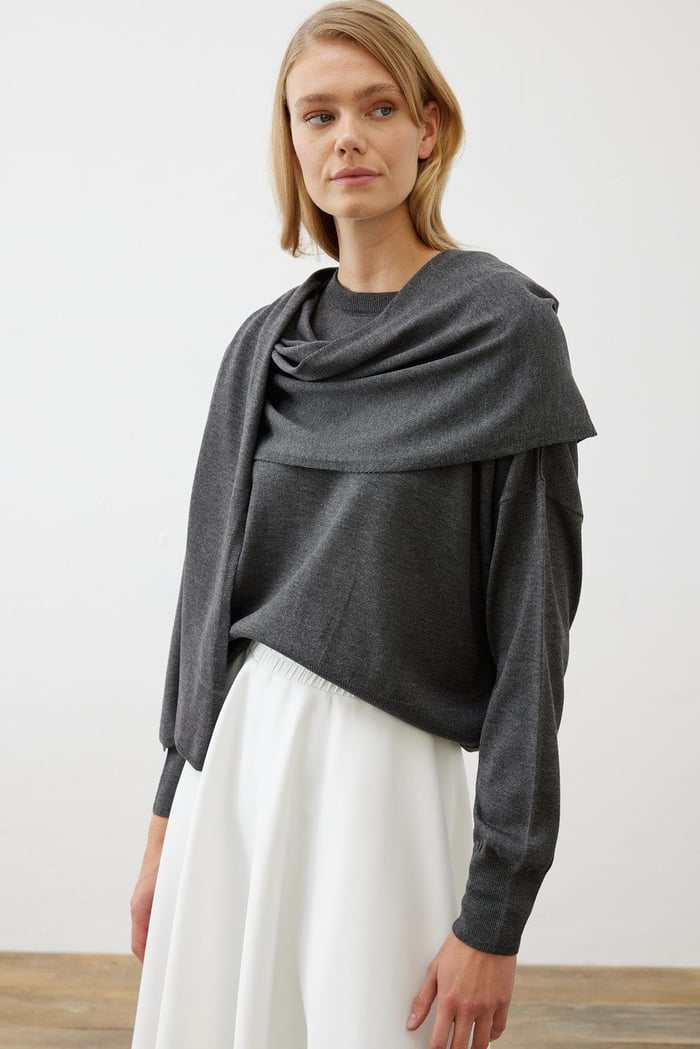 BELLA SHAWL DETAILED KNITWEAR GRAY