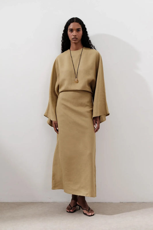LINEN WIDE TIE DRESS CURRY