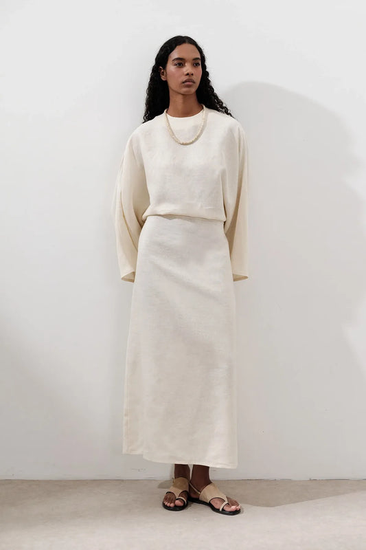 LINEN WIDE TIE DRESS VANILLA