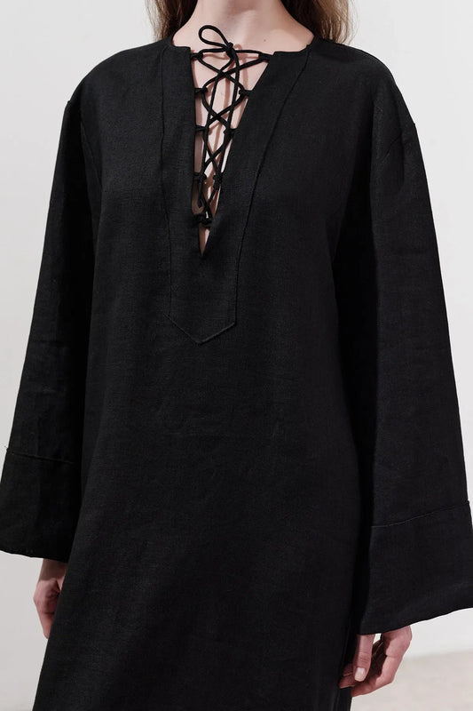 LINEN DRESS WITH TIE DETAILS BLACK