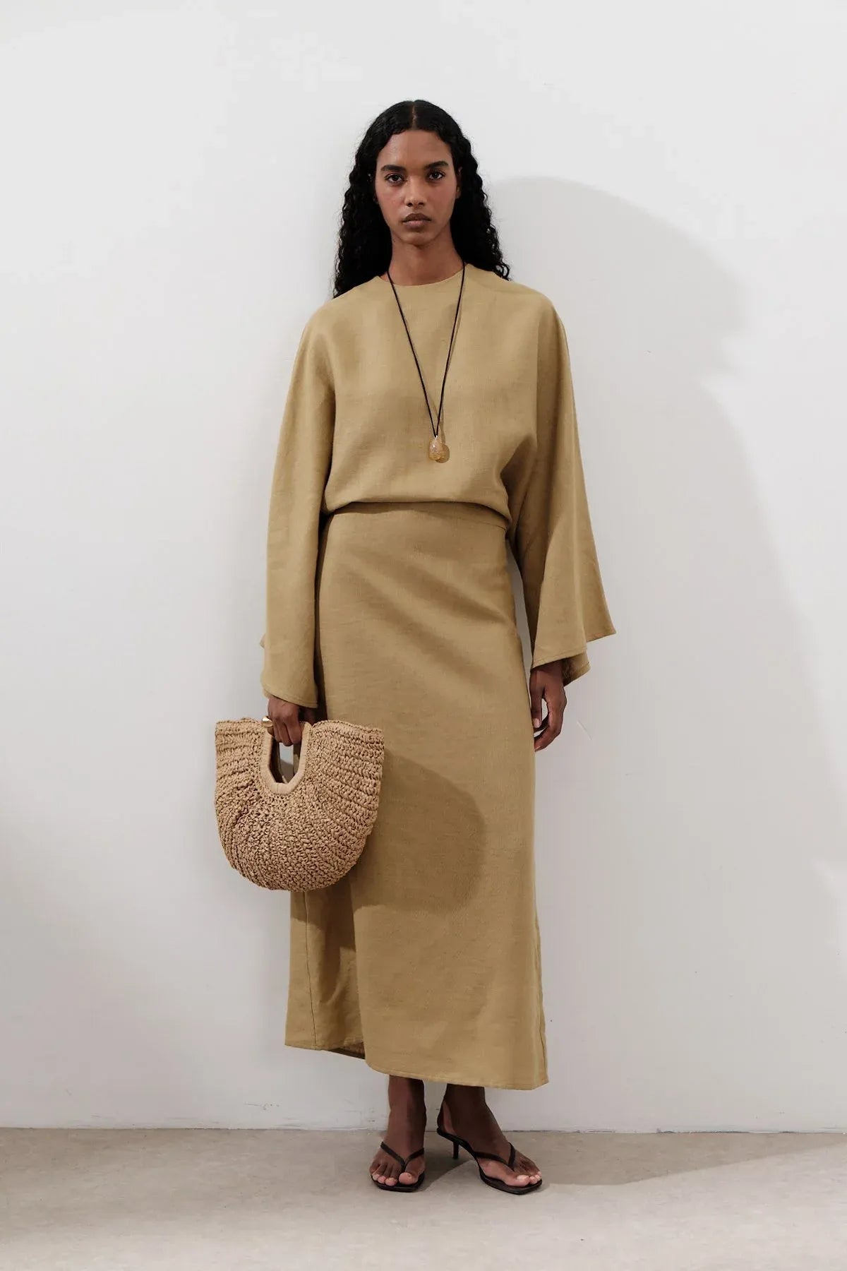 LINEN WIDE TIE DRESS CURRY
