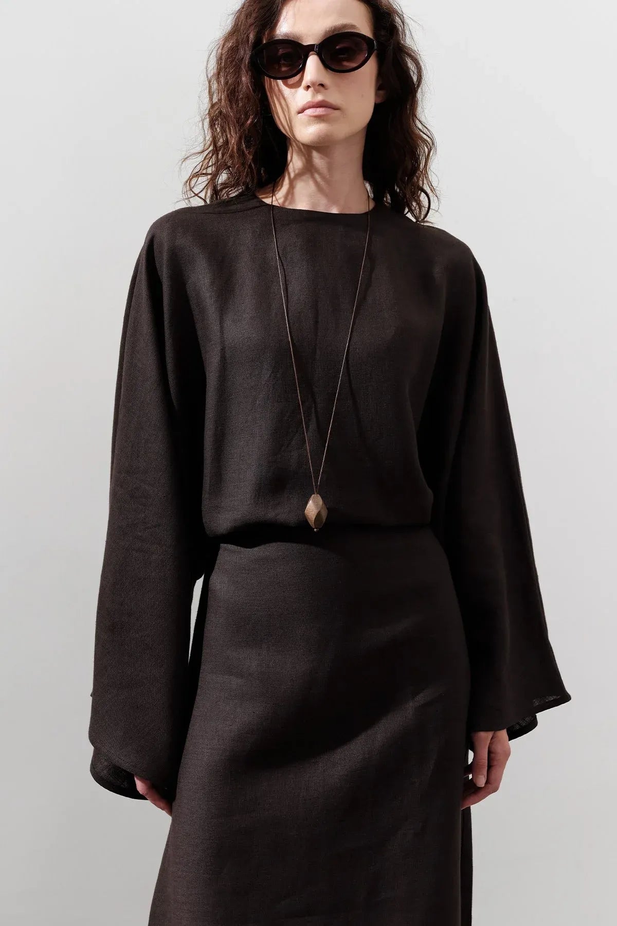 LINEN WIDE TIE DRESS BITTER COFFEE