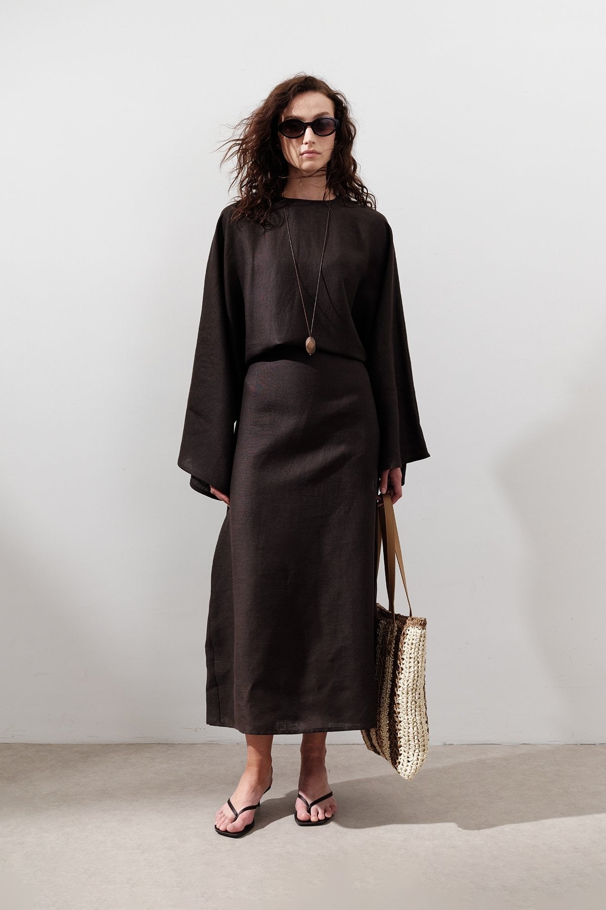LINEN WIDE TIE DRESS BITTER COFFEE