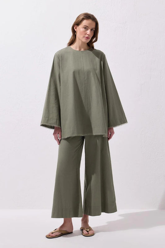Faye Lace Linen Blouse and Trousers Set Sage Green