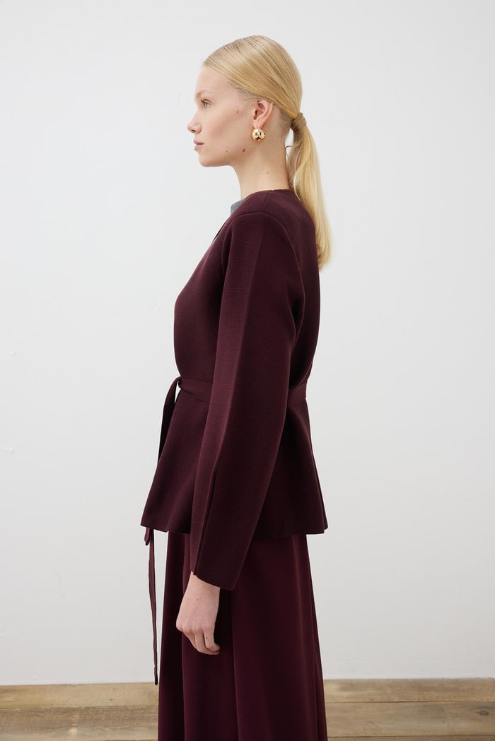 VERA STEEL KNITTED PEPLUM CARDIGAN CLARET RED