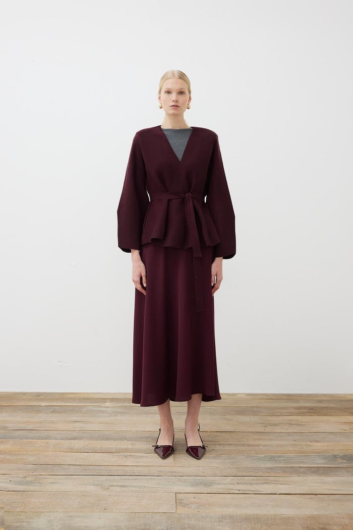 VERA STEEL KNITTED PEPLUM CARDIGAN CLARET RED