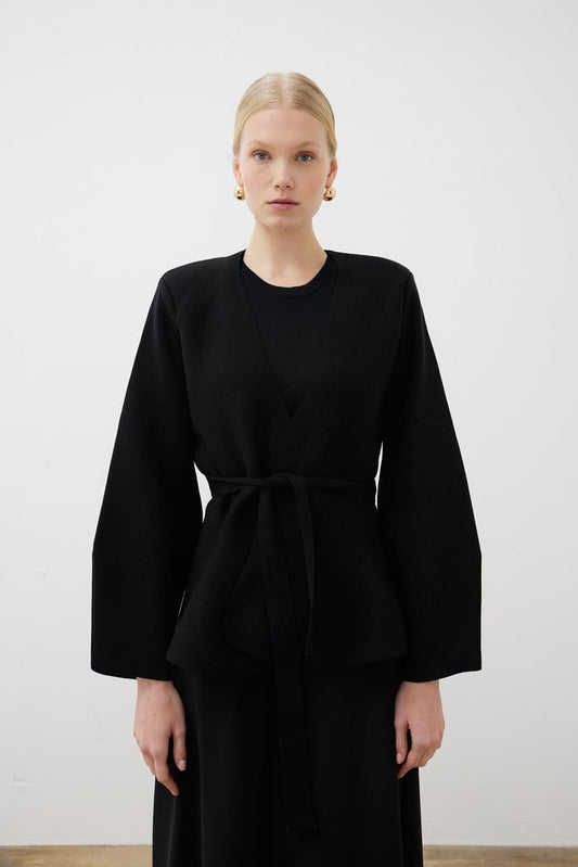 VERA STEEL KNITTED PEPLUM CARDIGAN BLACK