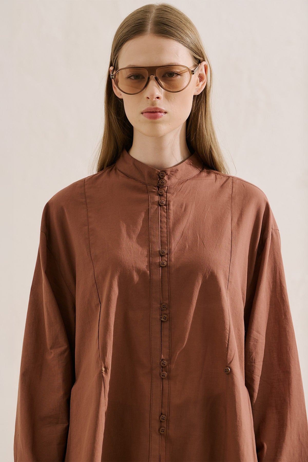 Pleated Buttoned Shirt Sage Warm Coffee