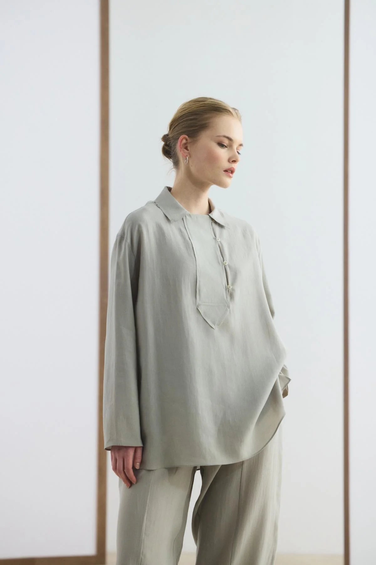 Collar Detail Tencel Tunic Trousers Set