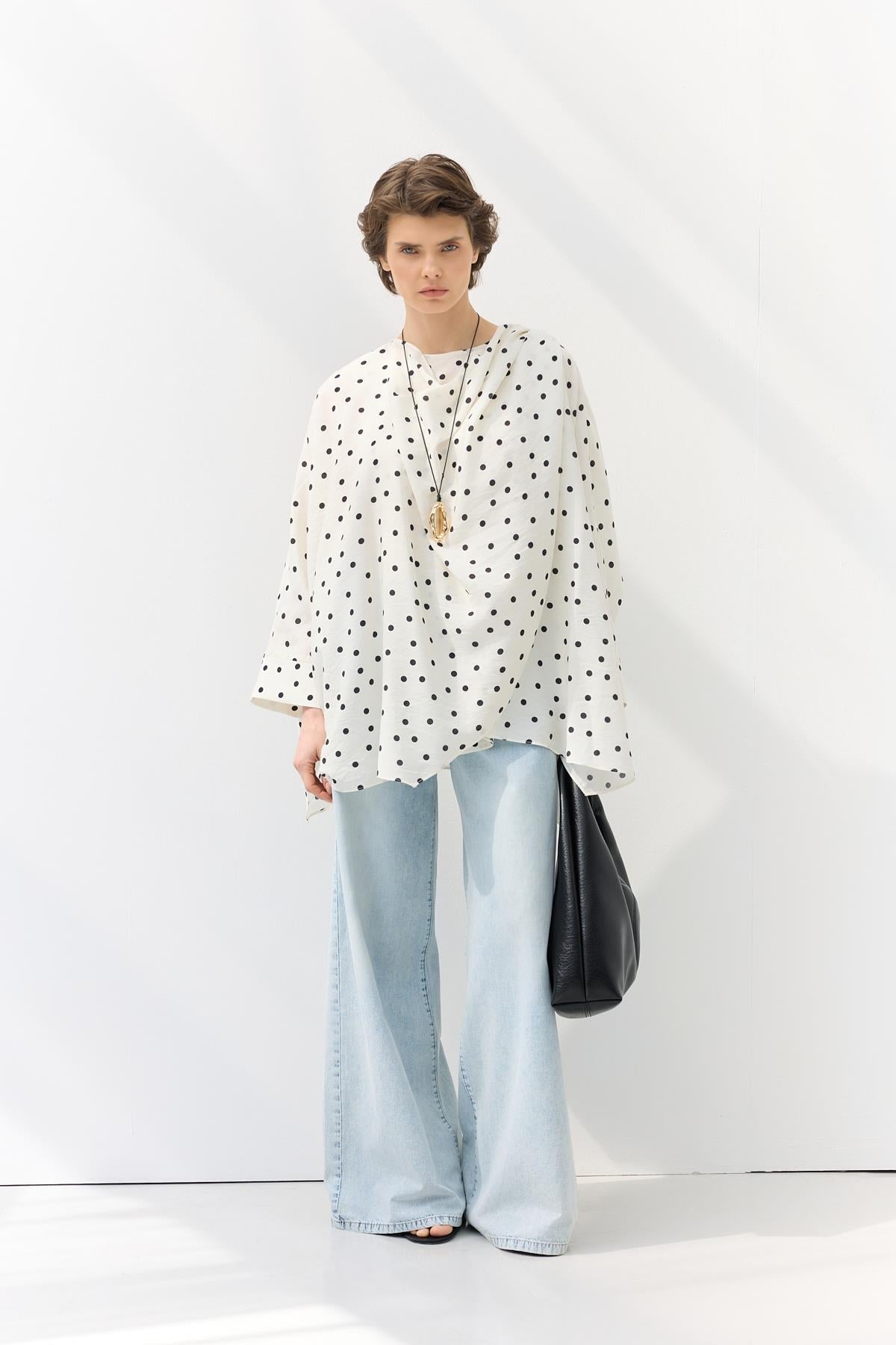 Shawl Collar Polka Dot Patterned Tunic White