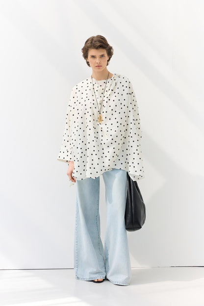 Shawl Collar Polka Dot Patterned Tunic White