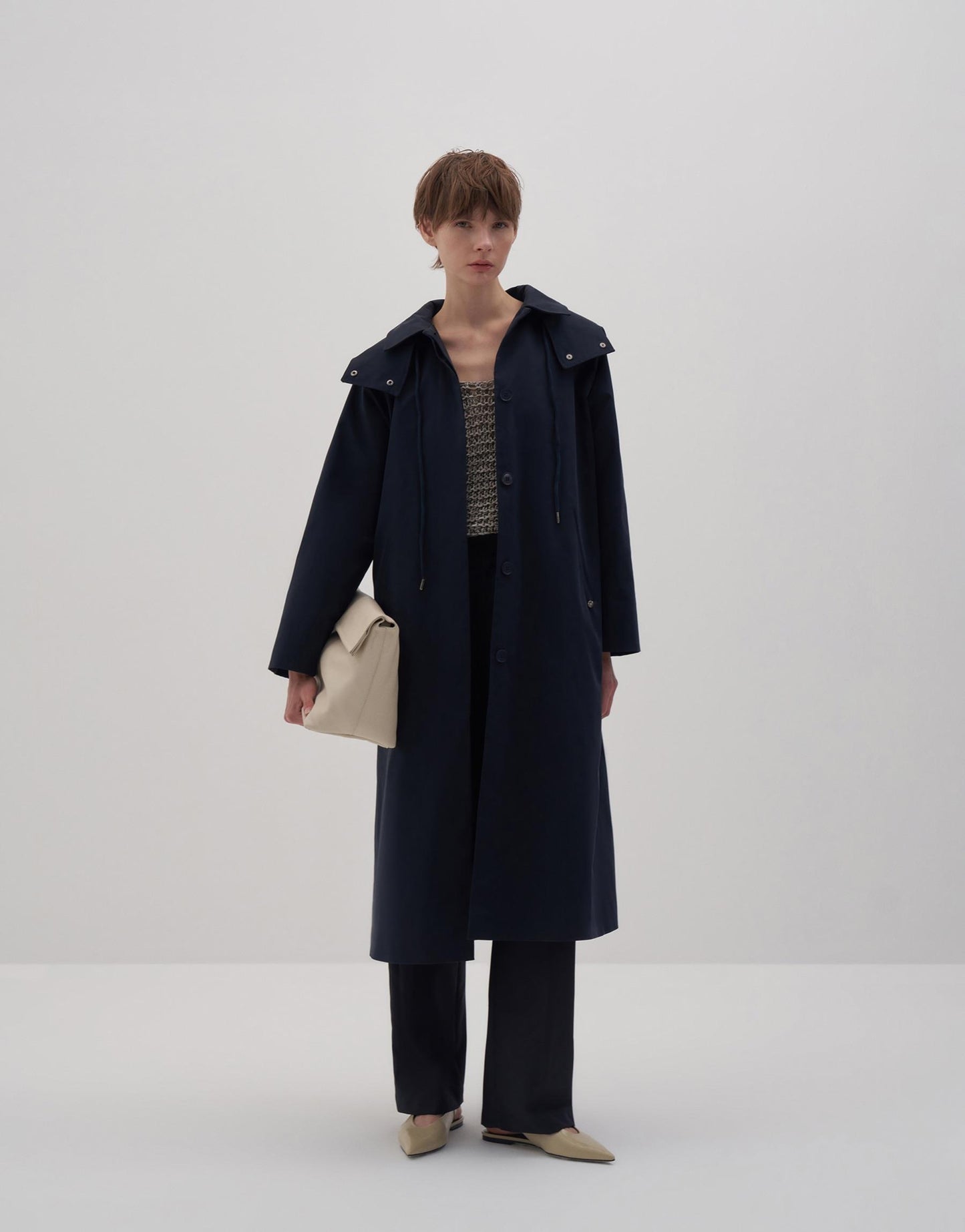 Removable Hooded Trench Coat Navy Blue