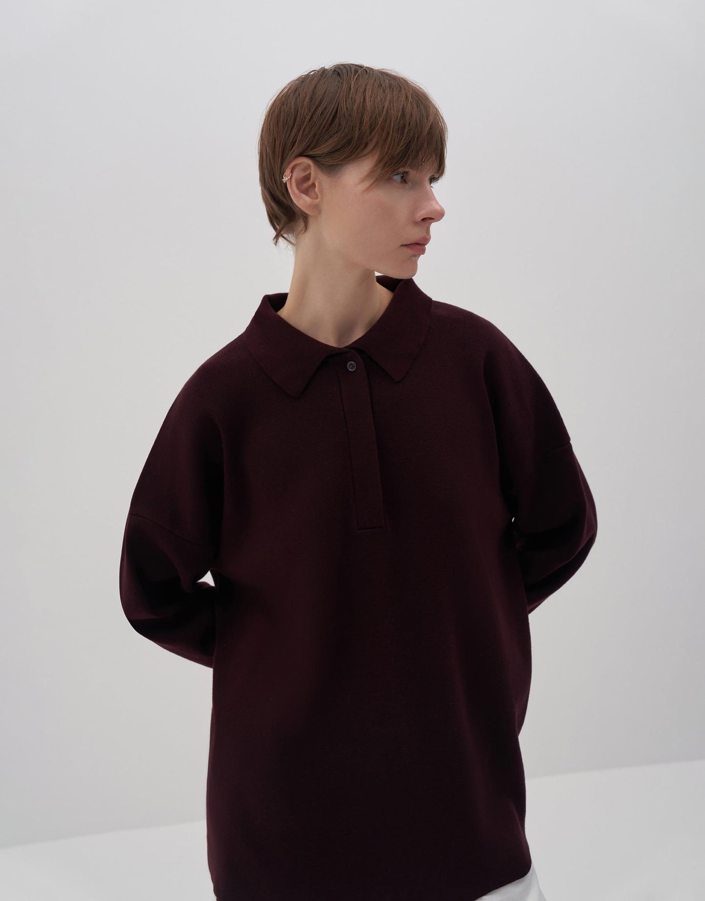 Cotton Polo Collar Sweater Damson Color