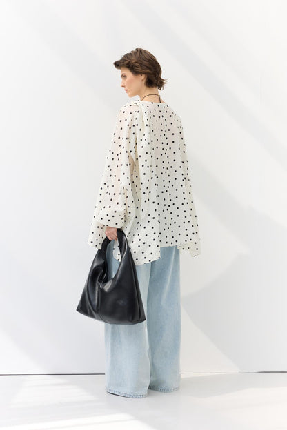 Shawl Collar Polka Dot Patterned Tunic White
