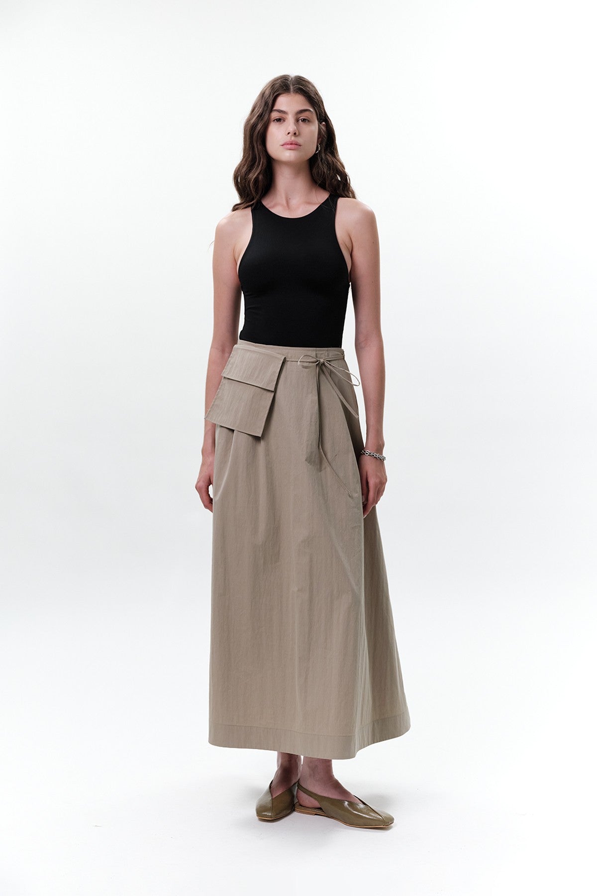 Skirt with Pocket Belt Beige Green