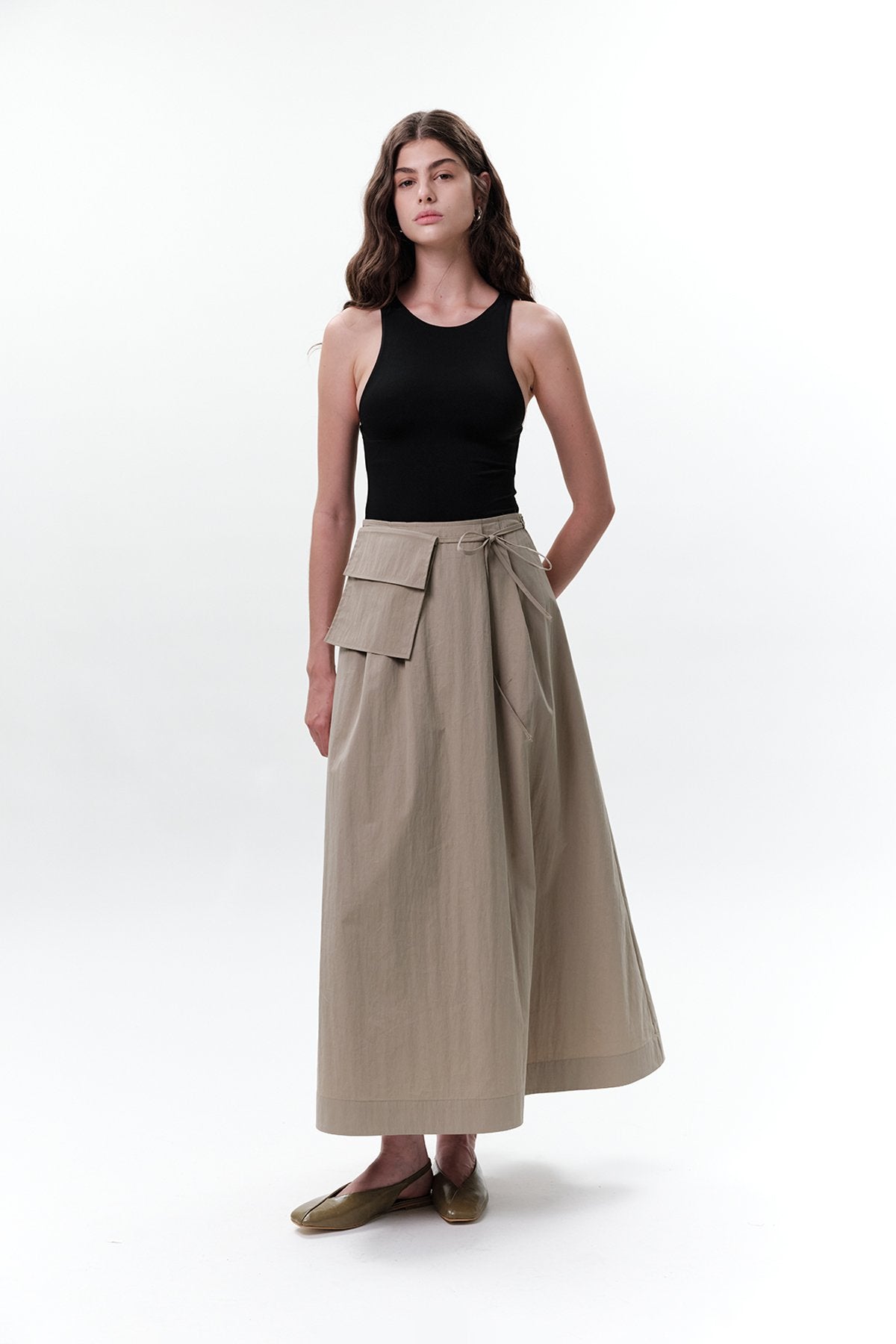 Skirt with Pocket Belt Beige Green