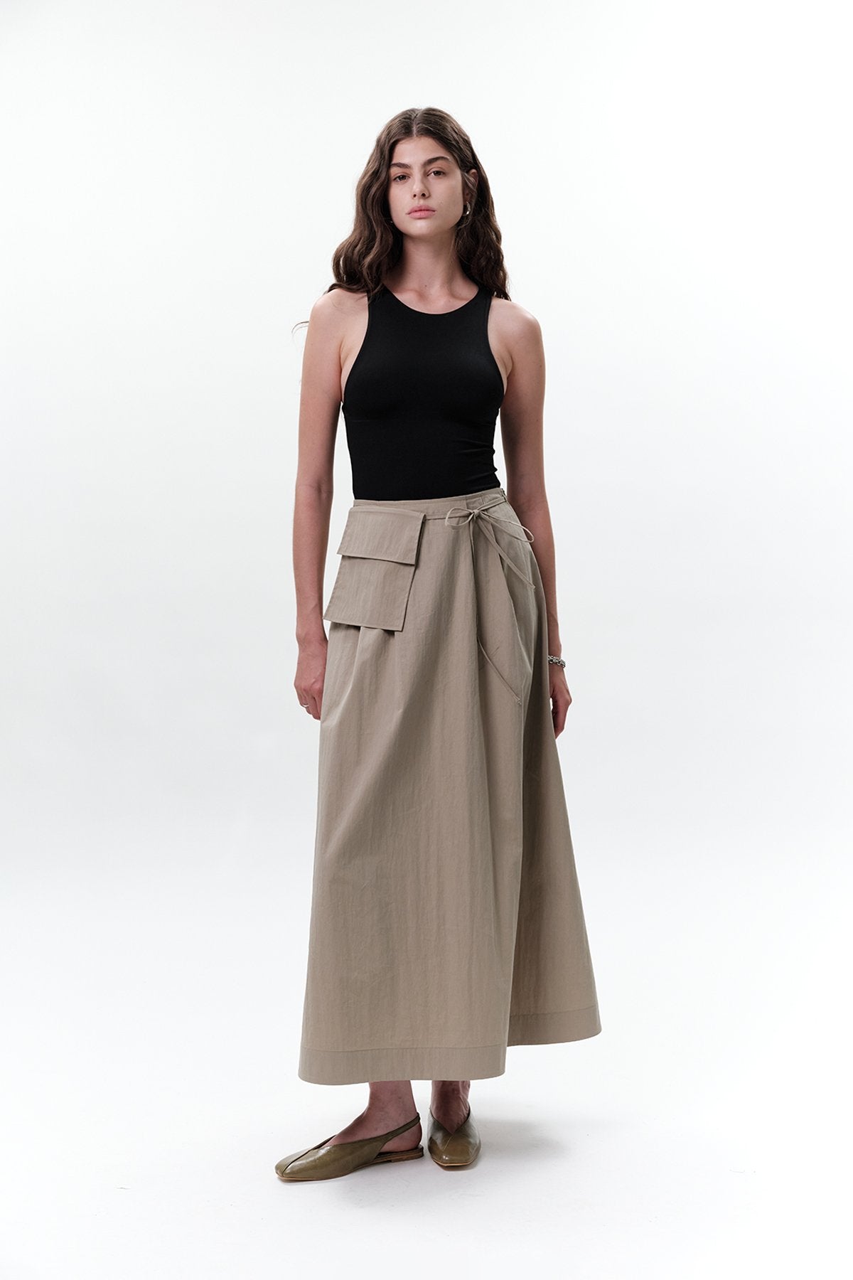 Skirt with Pocket Belt Beige Green