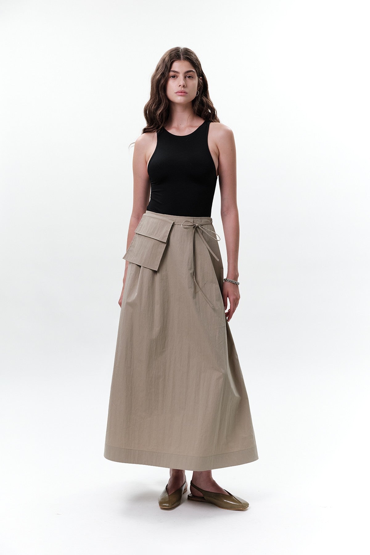 Skirt with Pocket Belt Beige Green