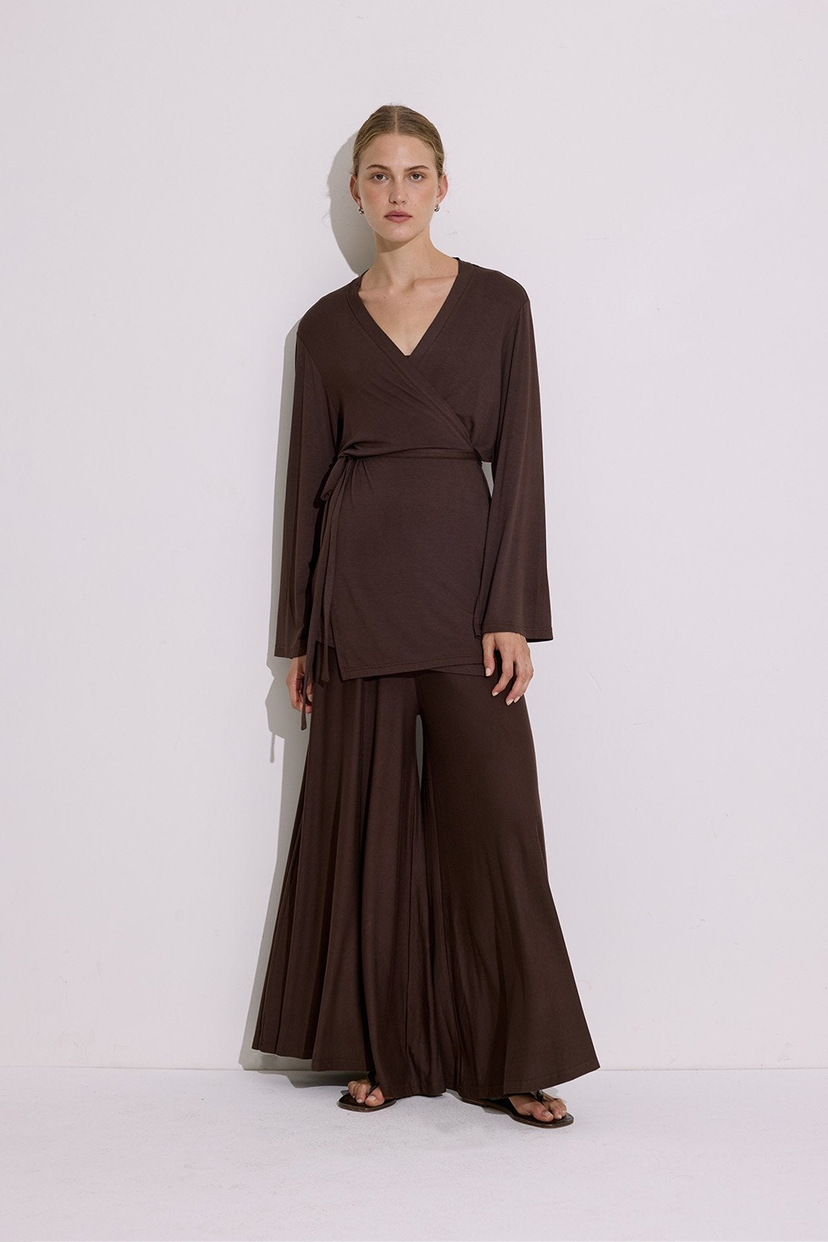 Tie-Waist Draped Kimono Brown