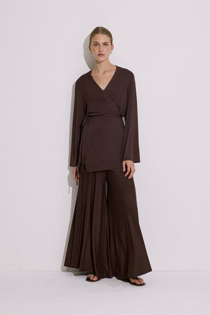 Tie-Waist Draped Kimono Brown