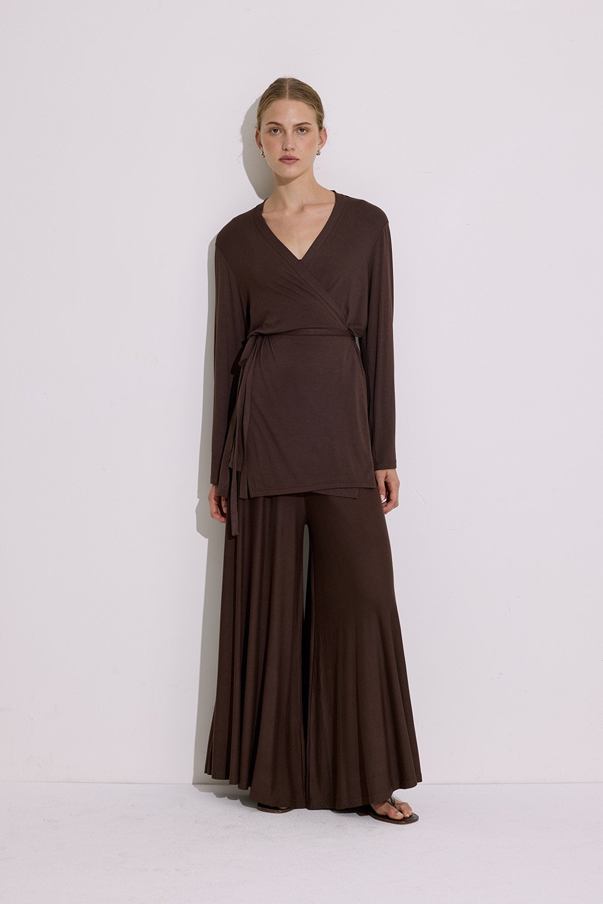Tie-Waist Draped Kimono Brown