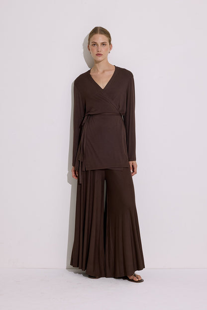 Tie-Waist Draped Kimono Brown