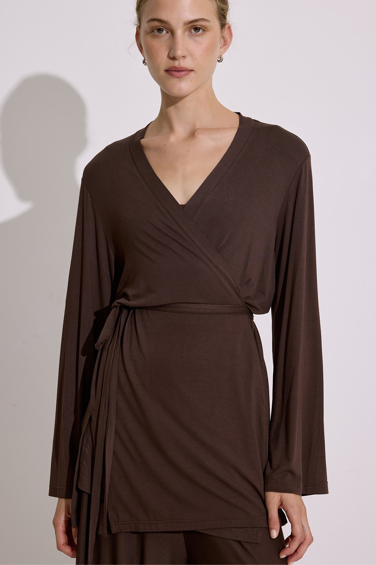 Tie-Waist Draped Kimono Brown