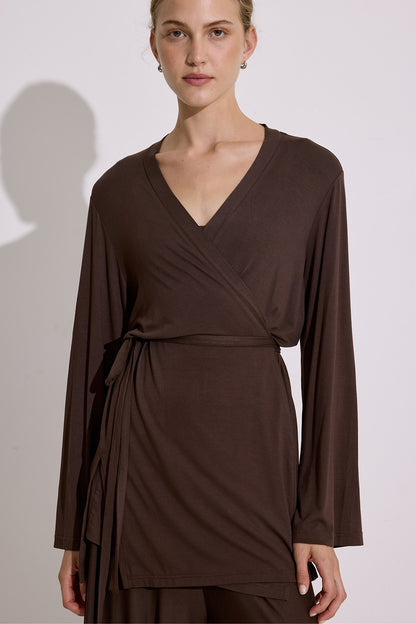 Tie-Waist Draped Kimono Brown