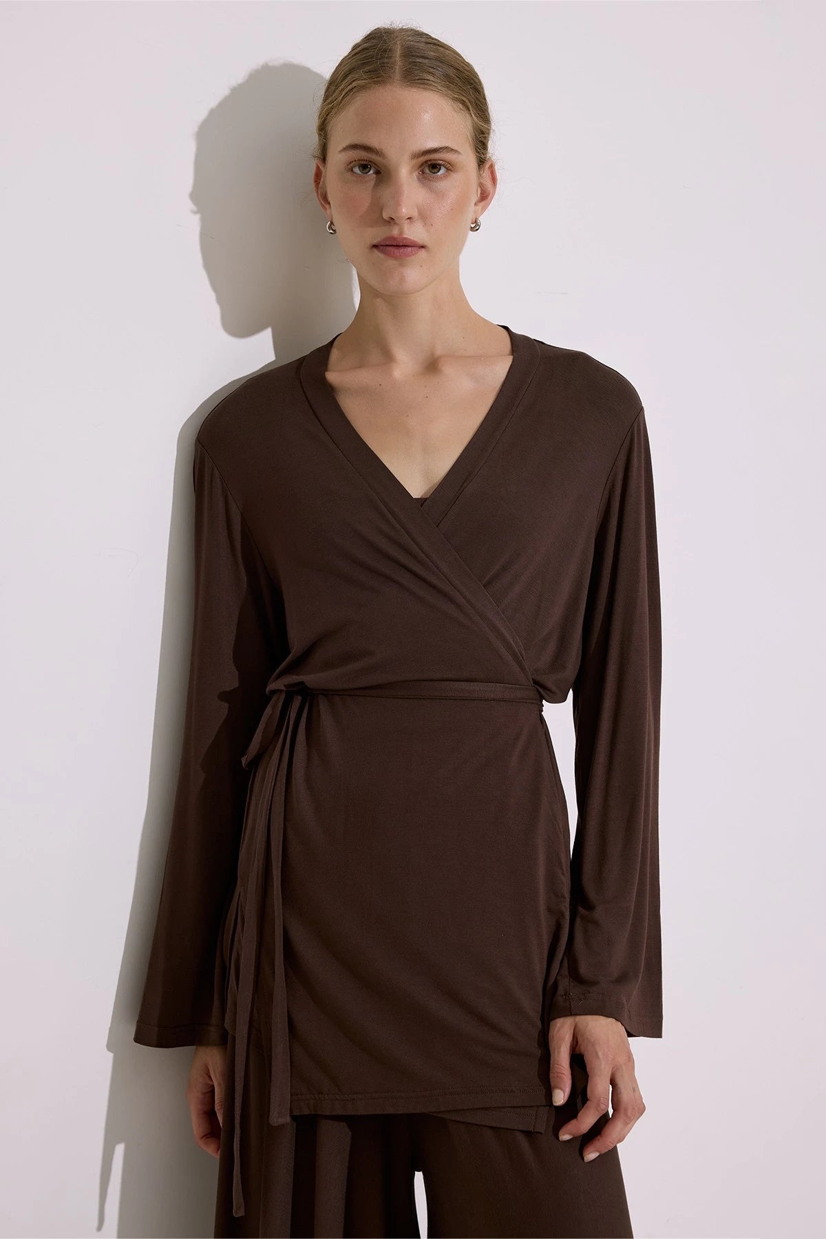 Tie-Waist Draped Kimono Brown