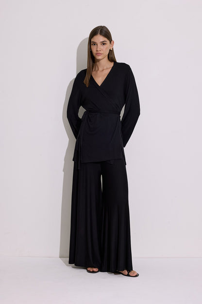 Tie-Waist Draped Kimono Black