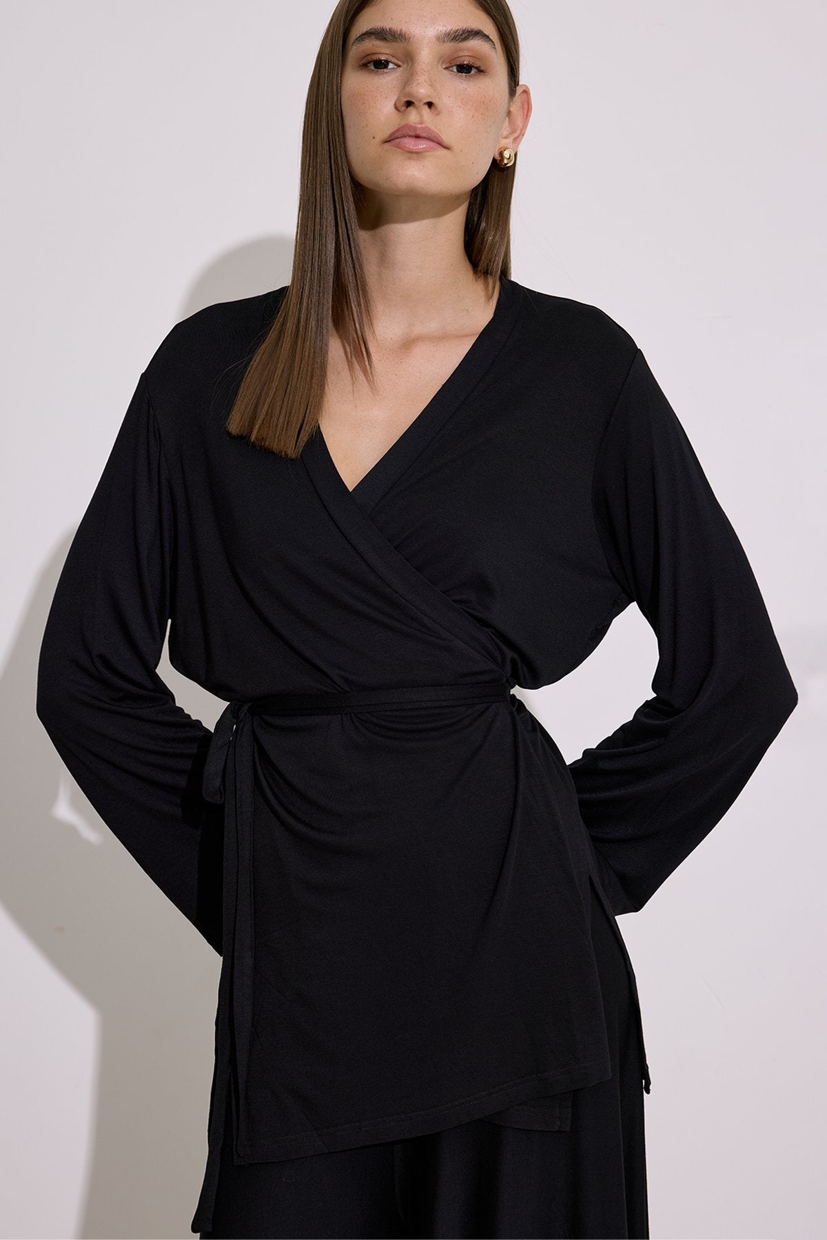 Tie-Waist Draped Kimono Black