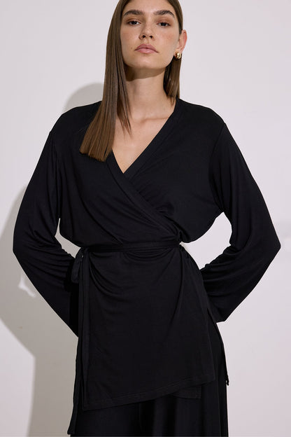 Tie-Waist Draped Kimono Black