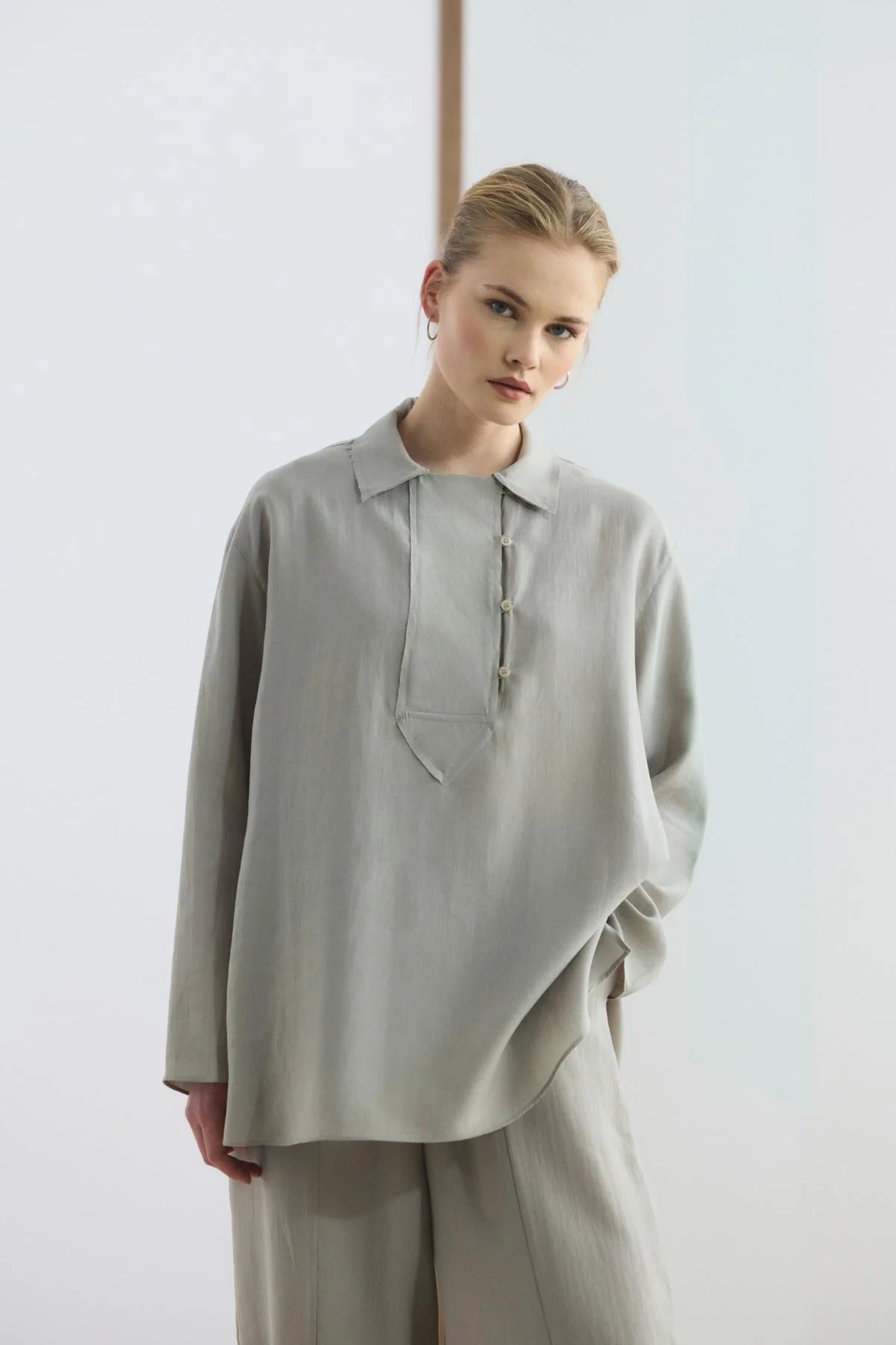 Collar Detail Tencel Tunic Trousers Set