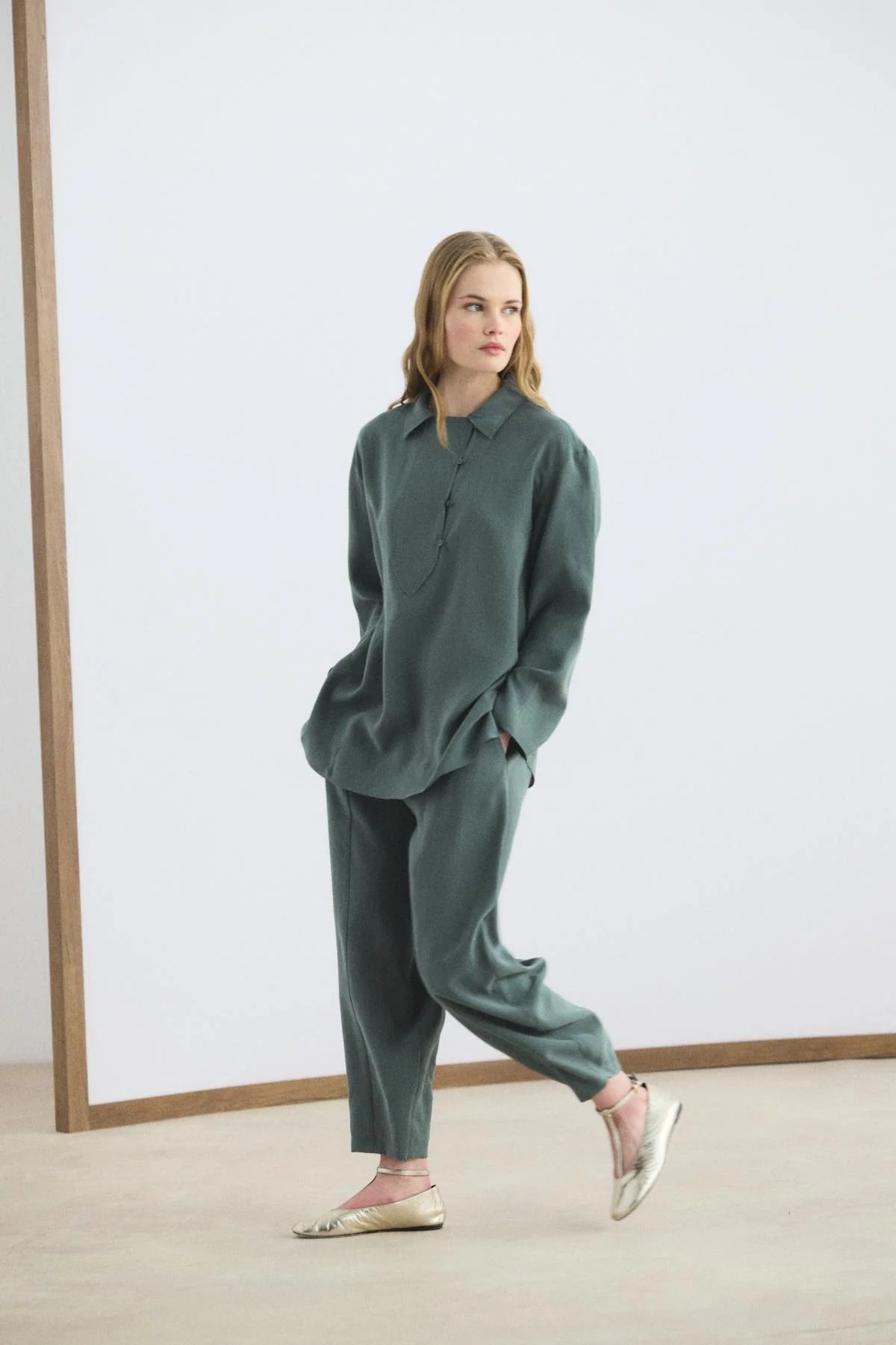 Collar Detail Tencel Tunic Trousers Set