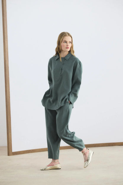 Collar Detail Tencel Tunic Trousers Set