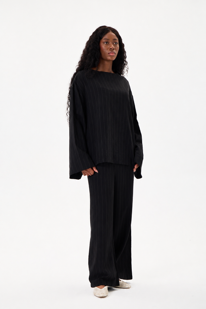 Capri Striped Linen Set Black