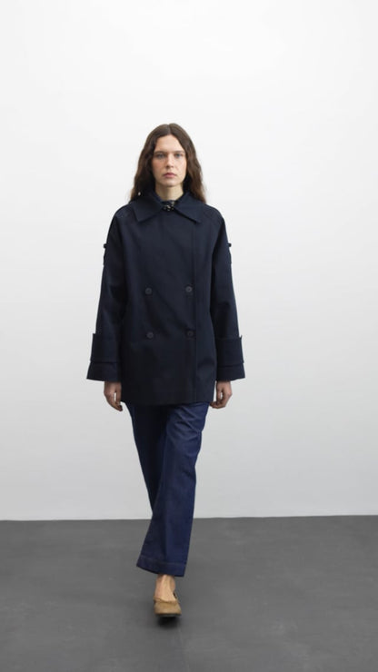 Cuff Detailed Cotton Trench Coat Navy Blue