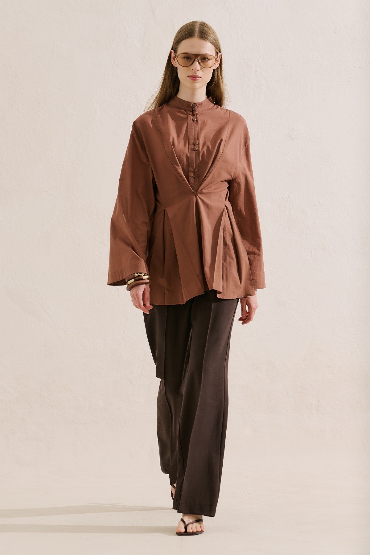 Pleated Buttoned Shirt Sage Warm Coffee
