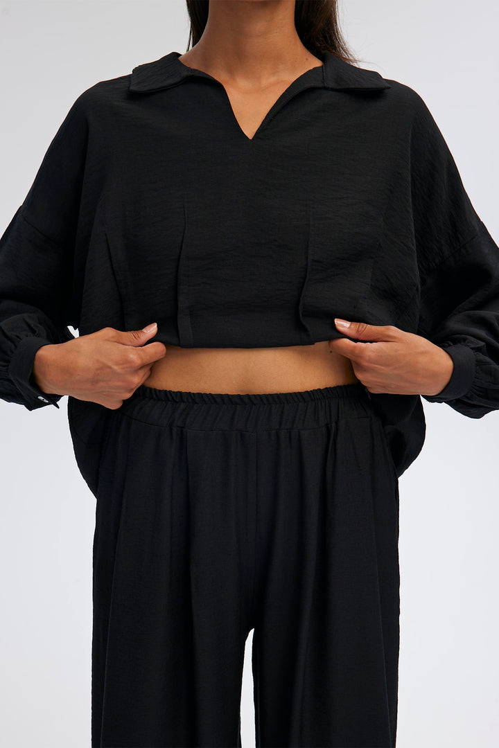 V NECK TUNIC TROUSERS SET Black
