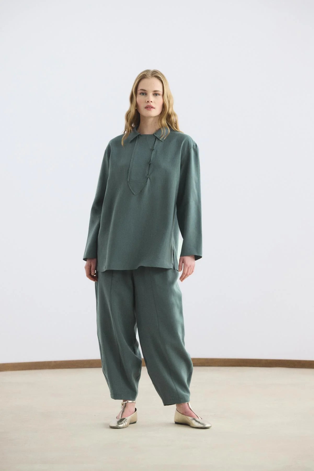 Collar Detail Tencel Tunic Trousers Set