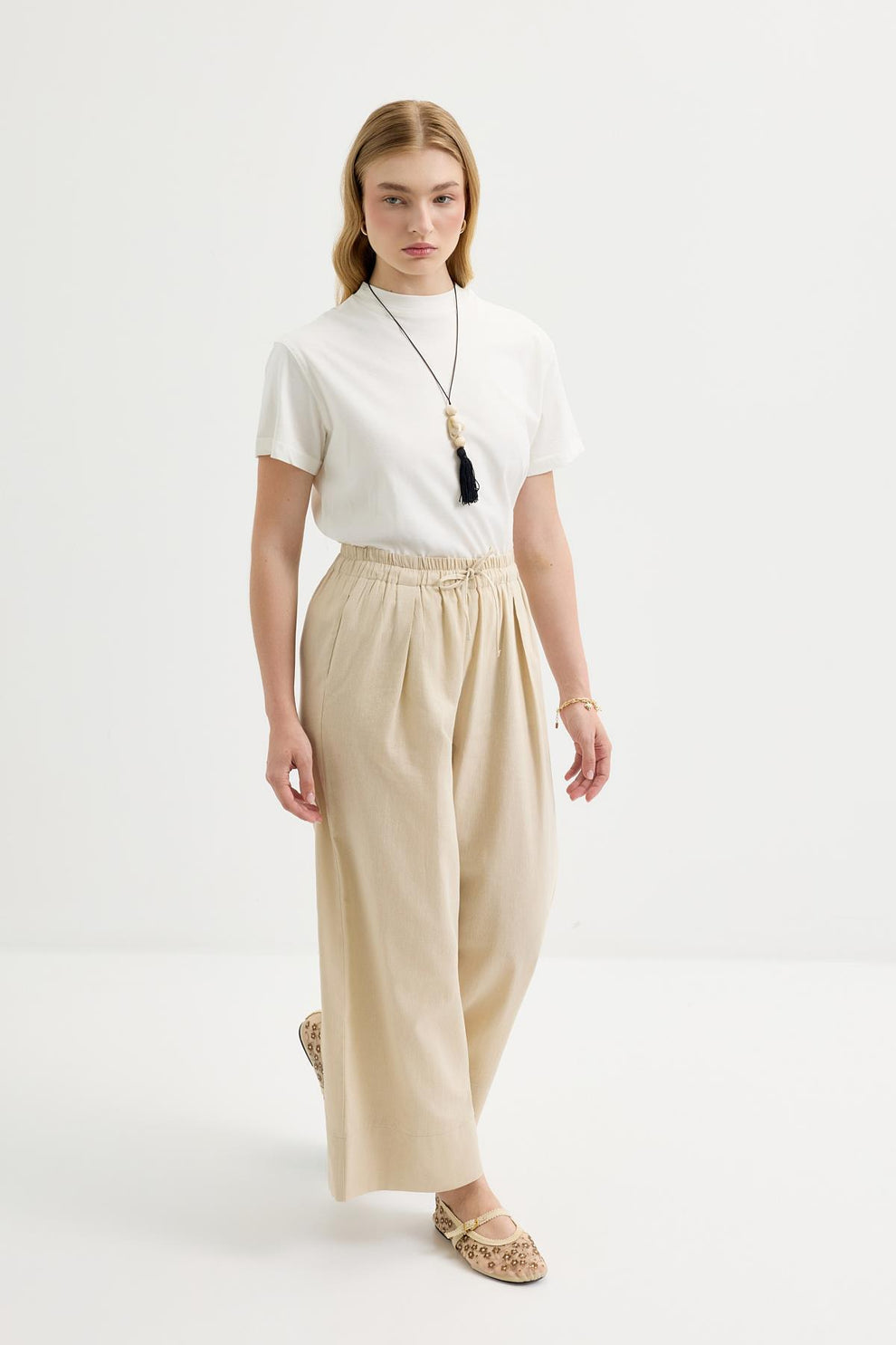 Doren Linen Trousers with Tie Up Light Beige